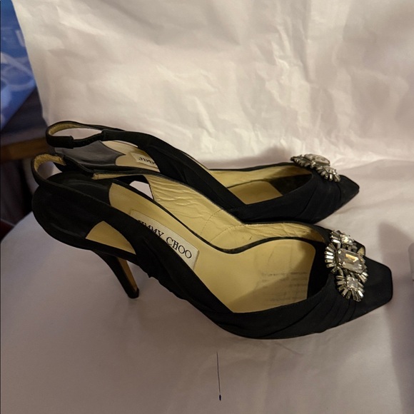 Jimmy Choo Black satin Swarovski Embellished Slingback Heels - Picture 5 of 7